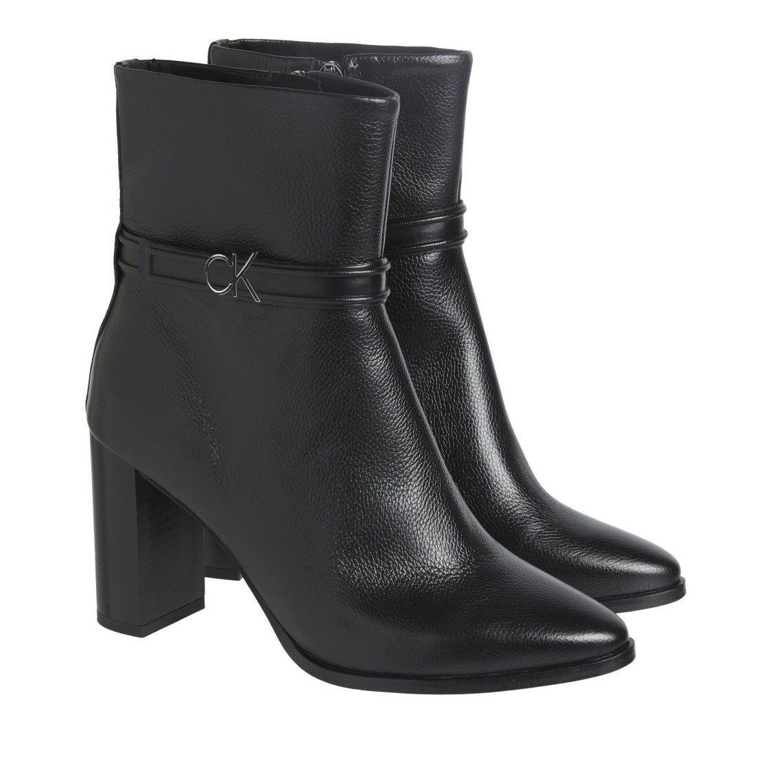 Calvin Klein Black Pointed Toe Block Heel Logo Detail Leather Boots