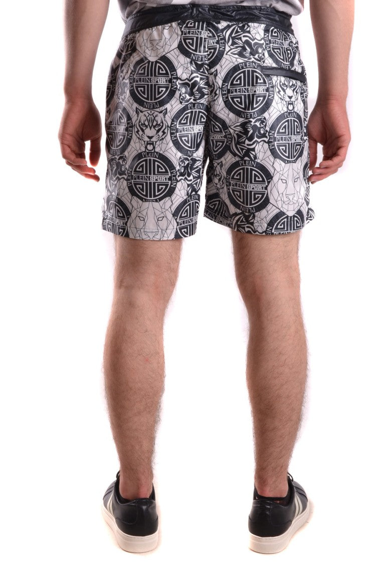 Plein Sport White Graphic Print Polyester Beach Shorts