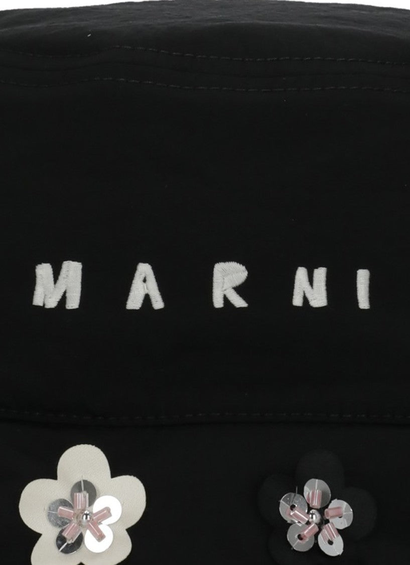 Marni Black Bucket Hat With Contrasting Logo And Embossed Floral Details