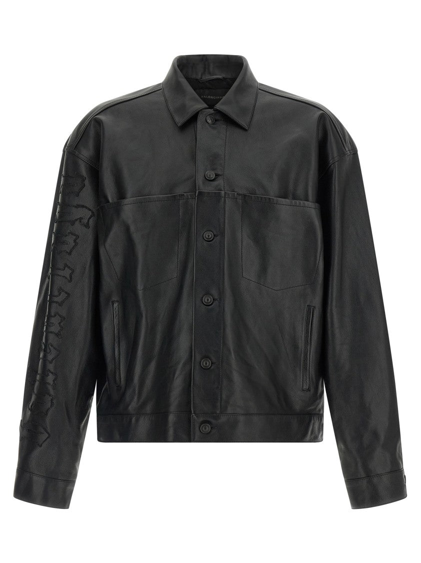 Balenciaga Garnet Buffalo Leather Shirt Jacket With Embroidered Gothic Denim Pattern