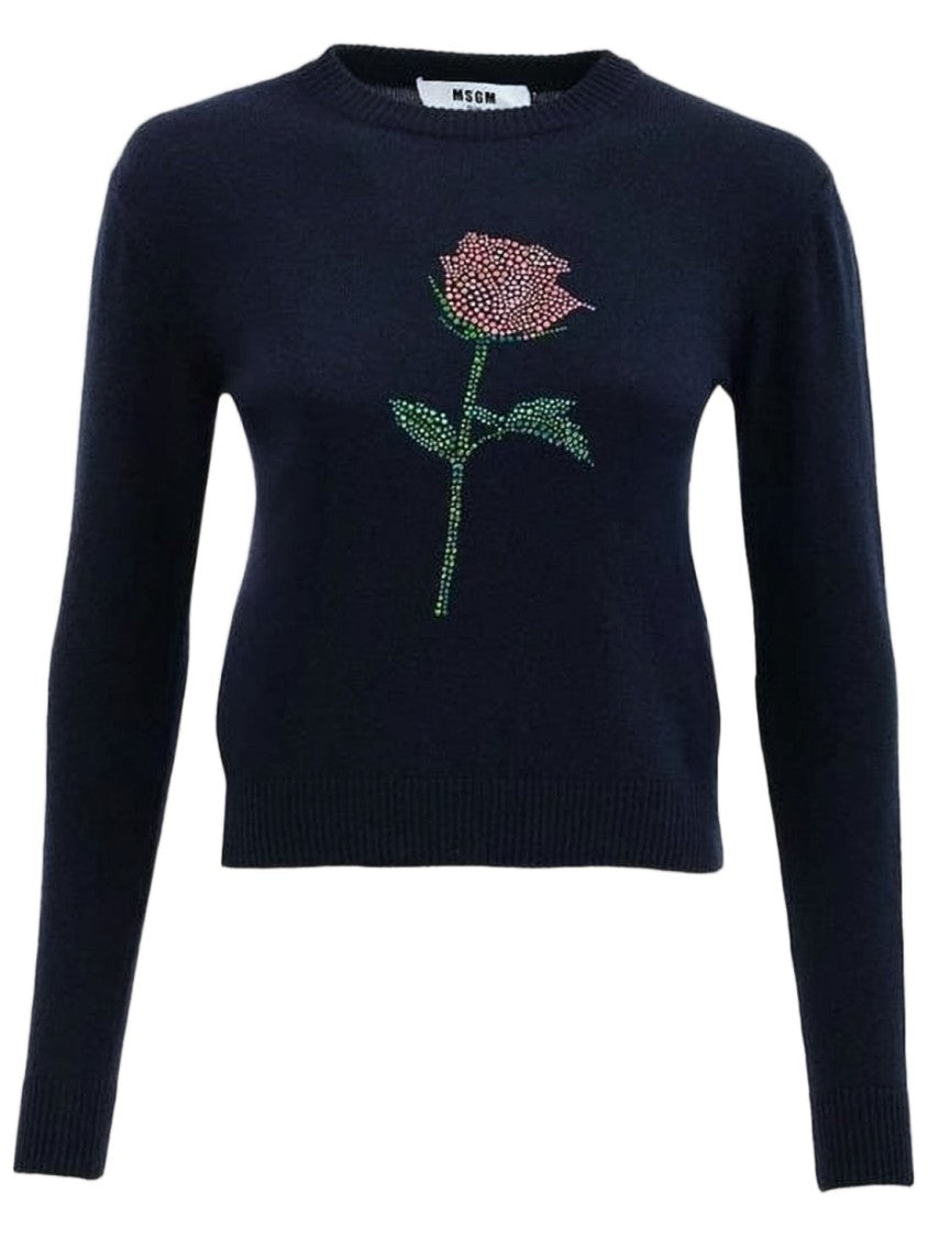 Msgm Fitted Black Sweater With Rhinestone Rose Design