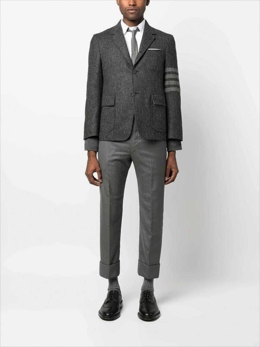 Thom Browne Tailored Grey Suit Jacket With Notch Lapel And Signature Stripes