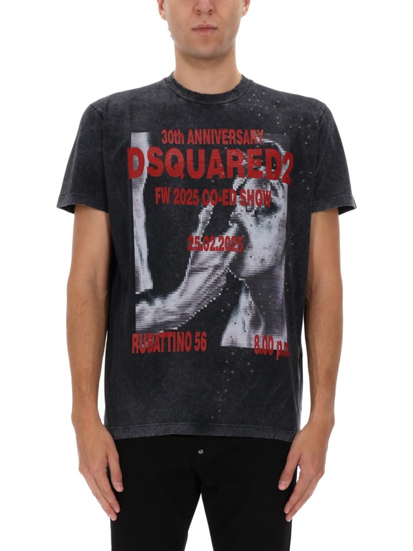 Dsquared2 Washed Black Graphic Printed Cotton T-Shirt