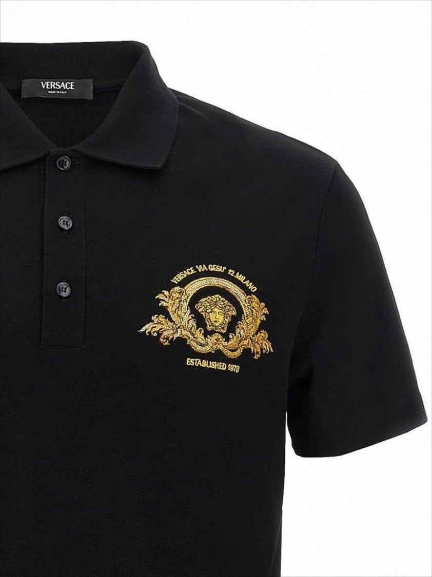 Versace Short-Sleeve Polo Shirt With Gold Embroidered Emblem