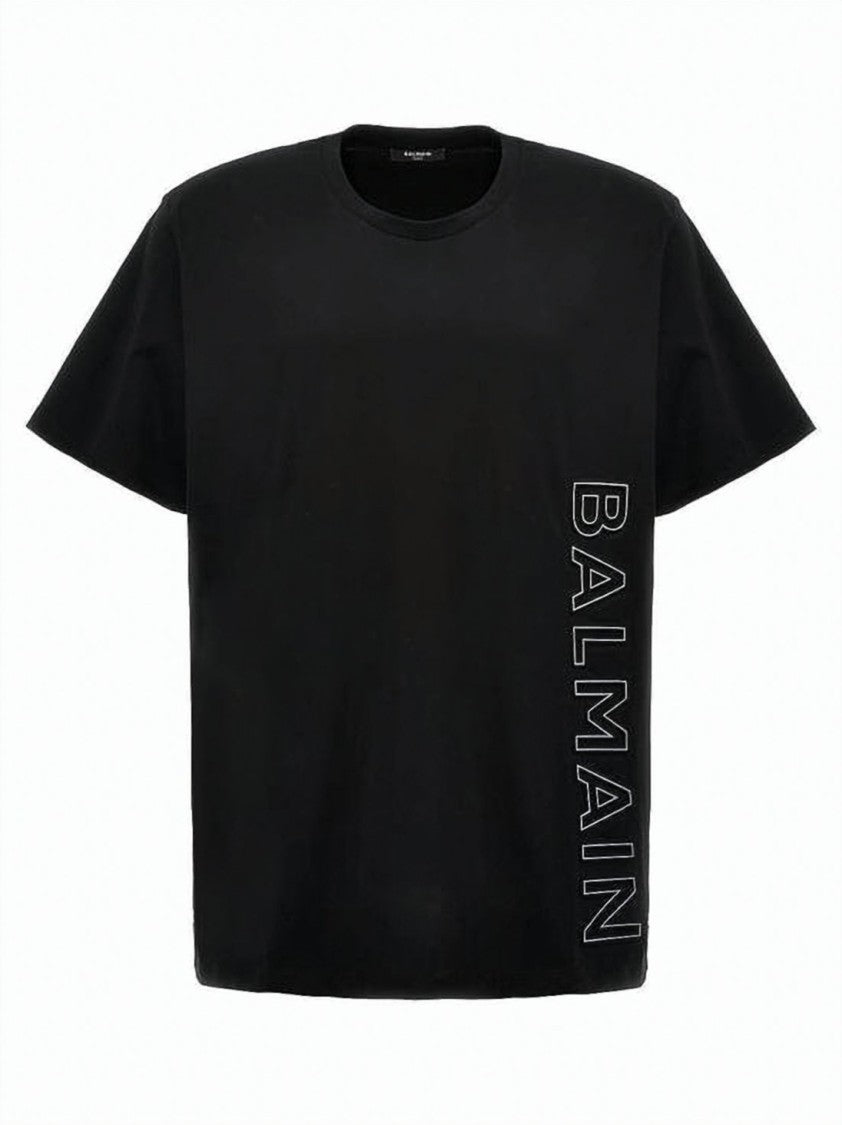 Balmain Short-Sleeve Black Cotton T-Shirt With Bold Branding Detail
