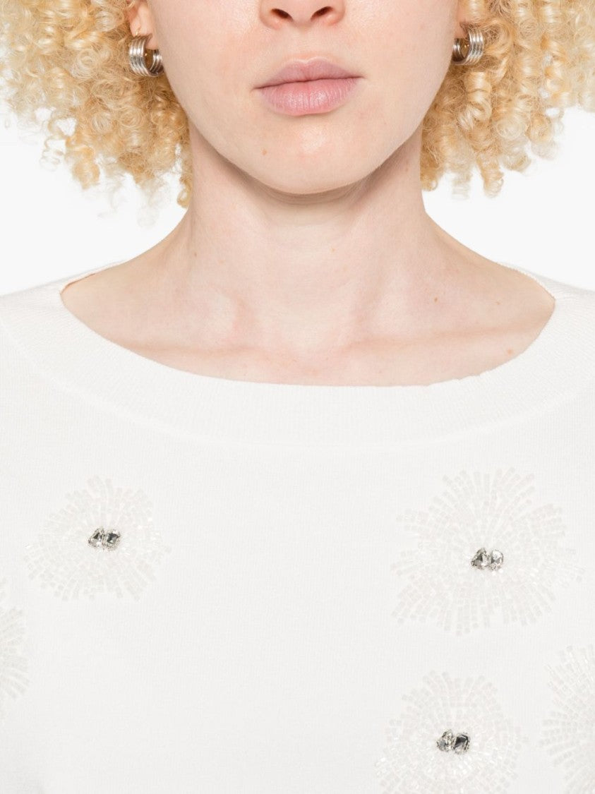 Liu Jo Relaxed Fit White Sweater With Floral Embellishments