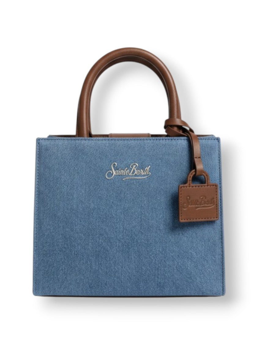 Mc2 Saint Barth Structured Rectangular Handbag With Textured Blue Body And Smooth Brown Handles