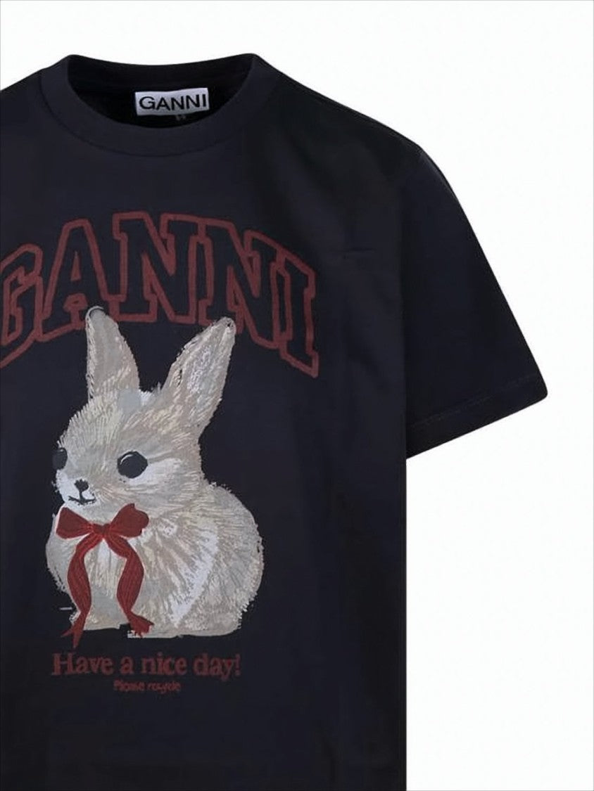 Ganni Short-Sleeved T-Shirt With Graphic Rabbit Print