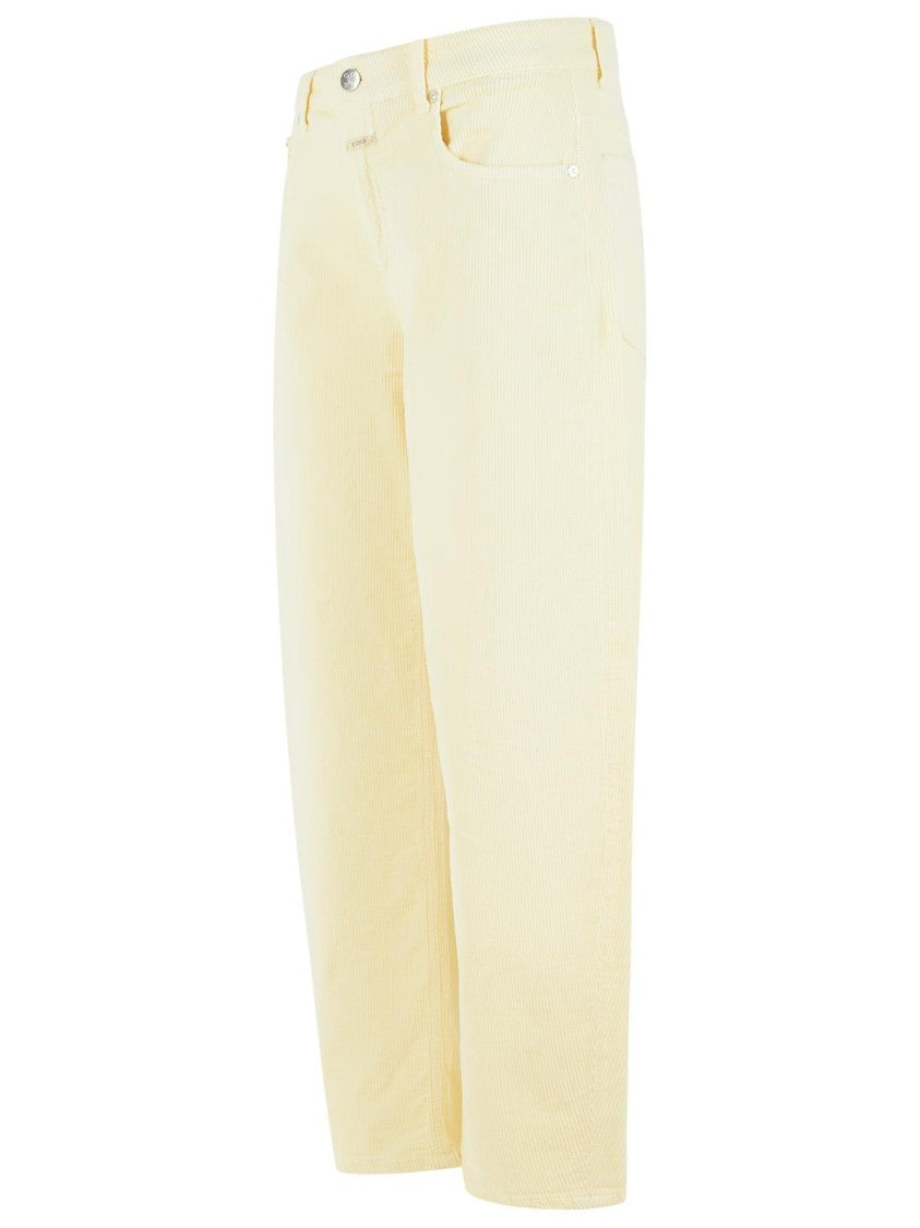 Closed Wide-Leg Cotton Pants With Corduroy Waistband And Five Pockets