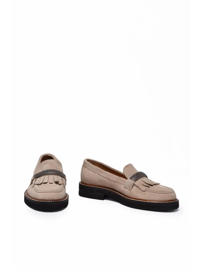 Eleventy Beige Fringe Detail Textured Strap Suede Loafers