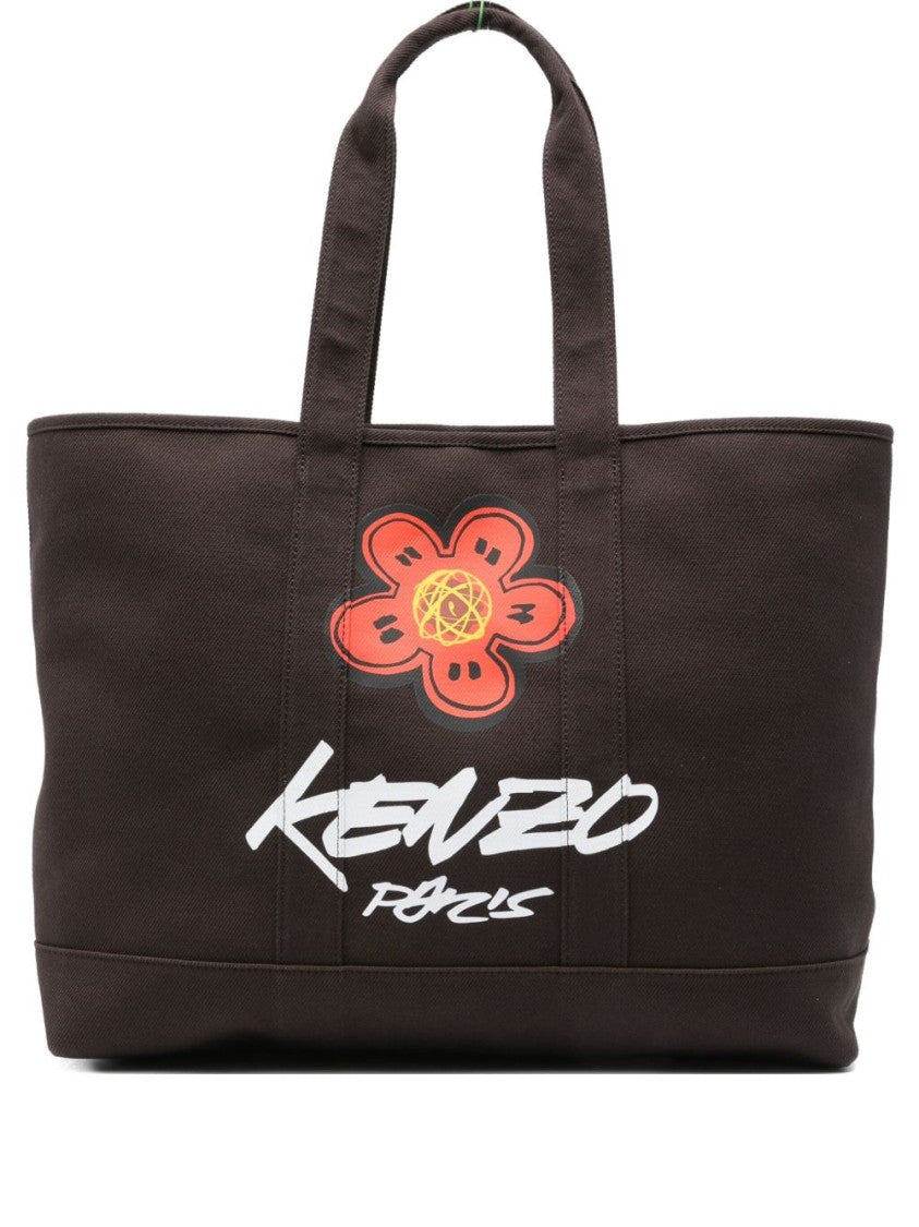 Kenzo Dark Brown Floral Print Canvas Tote