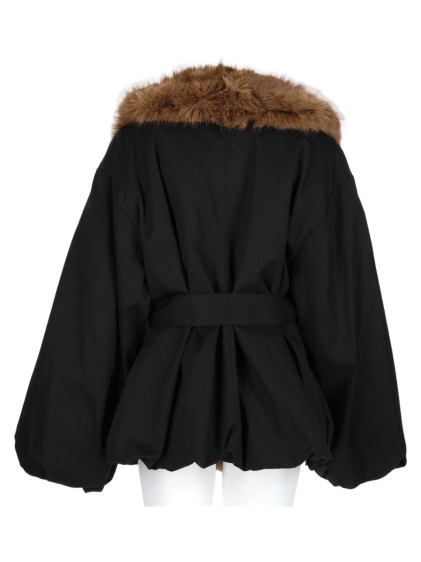 Rotate Black Voluminous Fur Collar Belted Casual Jacket