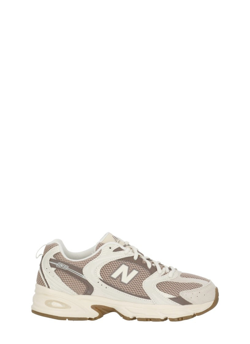 New Balance Beige Leather Fabric Raised Rubber Sole Low-Top Sneakers