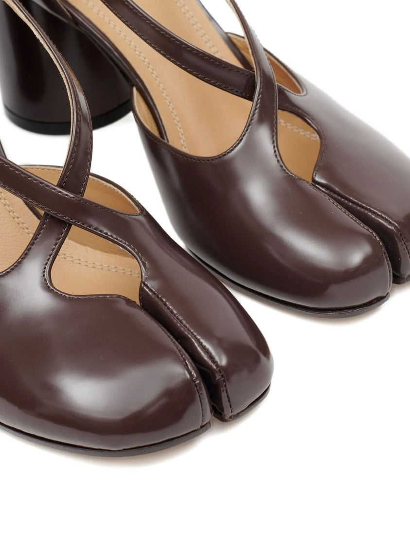 Maison Margiela Chocolate Leather Tabi Pumps With Crisscross Strap Detail