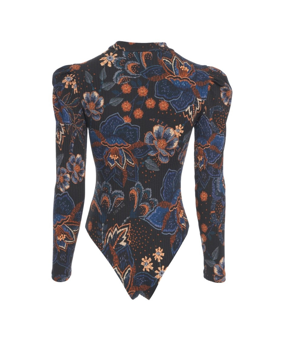 Farm Rio Fitted Bodysuit With Floral Print And Puffed Sleeves