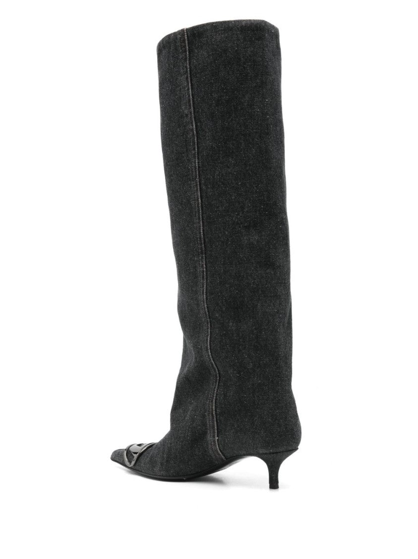 Diesel Black Blue Logo Plaque Pointed Boots