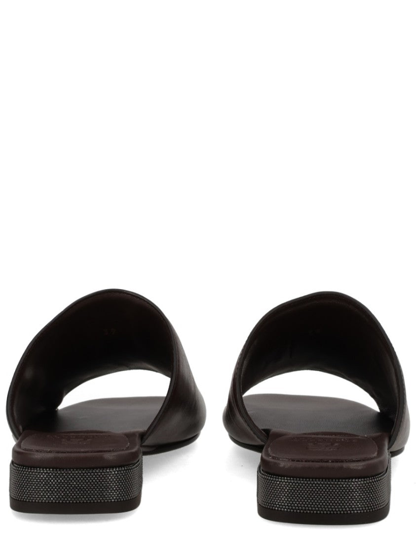 Brunello Cucinelli Brown Block-Heel Calf Leather Sandals