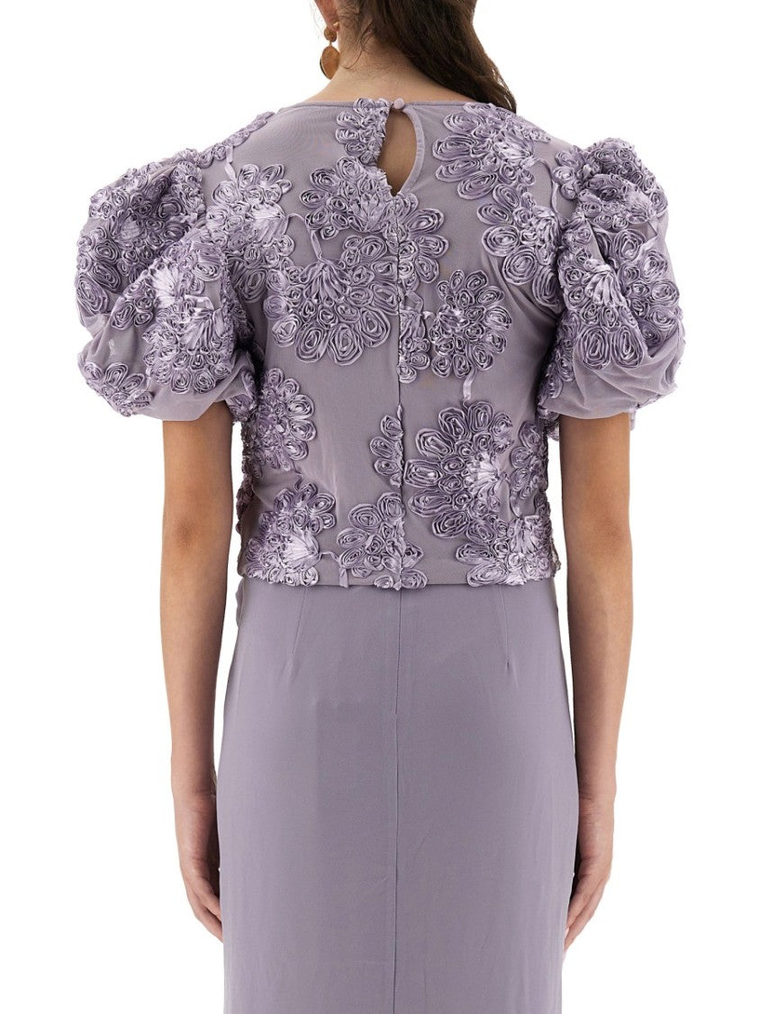 Rotate Birger Christensen 3D Floral Mesh Top With Voluminous Puff Sleeves