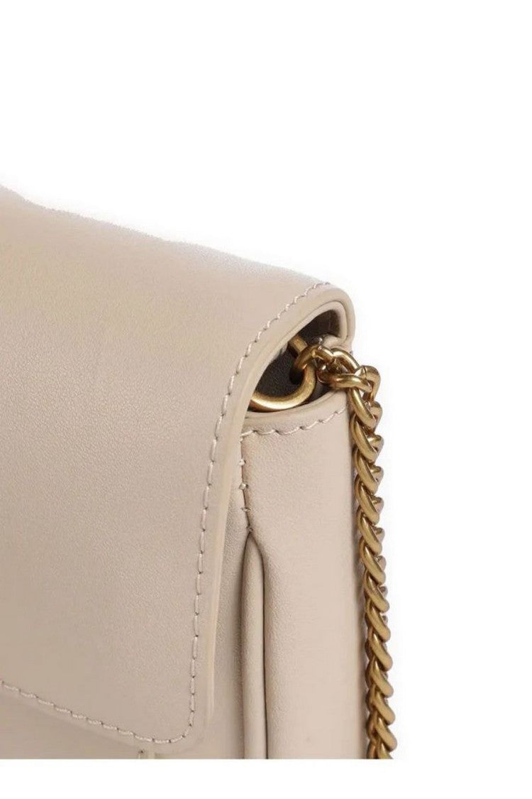 Pinko Structured Beige Leather Shoulder Bag With Decorative Ring