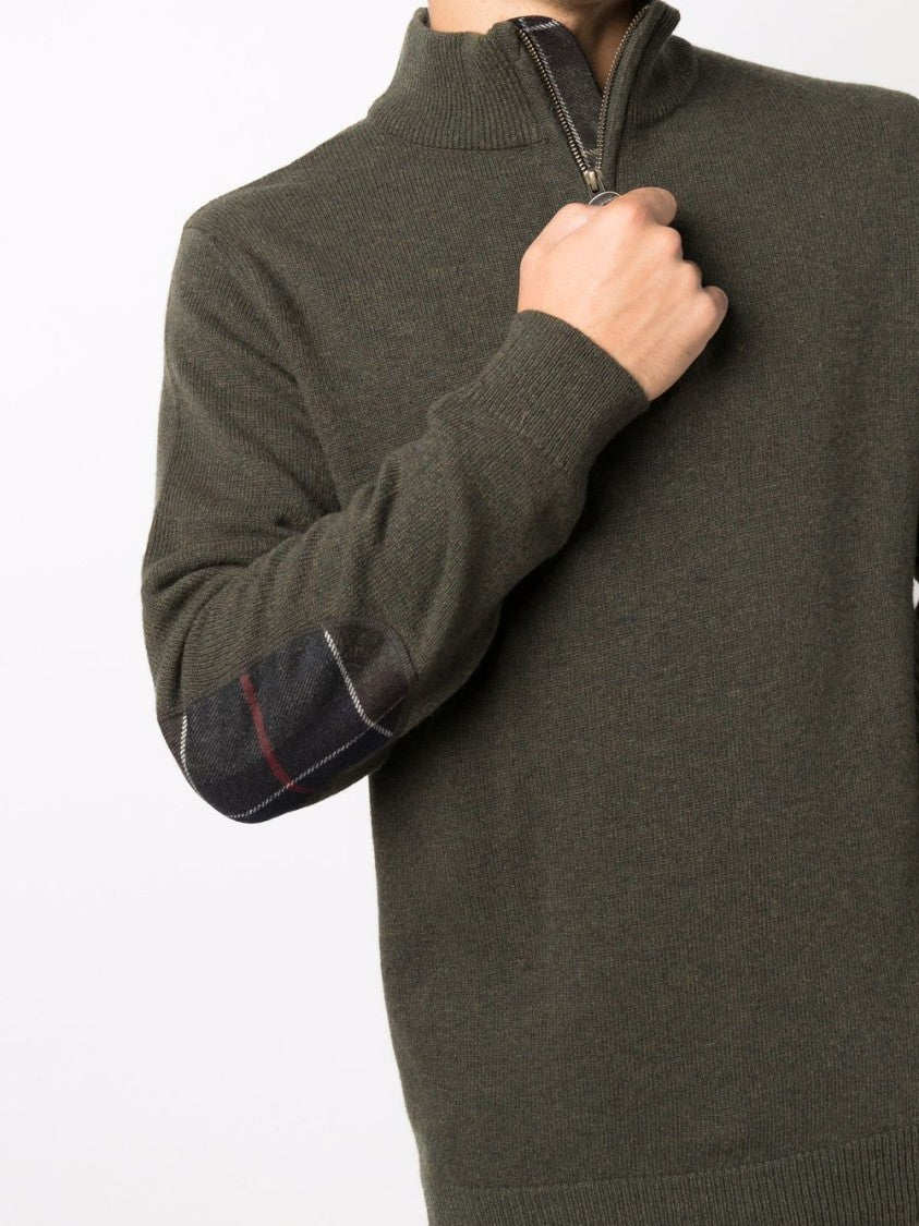 Barbour Khaki-Green Wool Half-Zip Sweater With Ribbed Edges And Elbow Patches