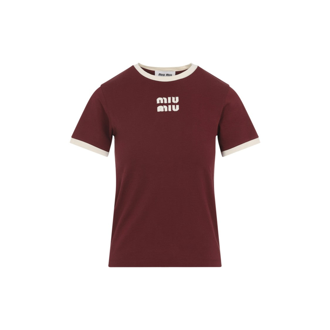 Miu Miu Burgundy T-Shirt With Contrast Ribbed Neckline