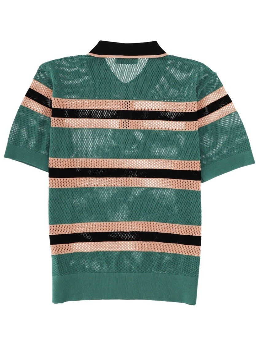 Dries Van Noten Perforated Knit Horizontal Stripes Polo Shirt