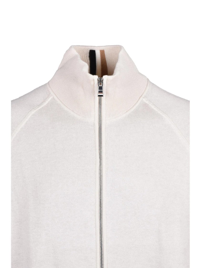 Boss White Cotton-Blend High-Collar Zip Cardigan