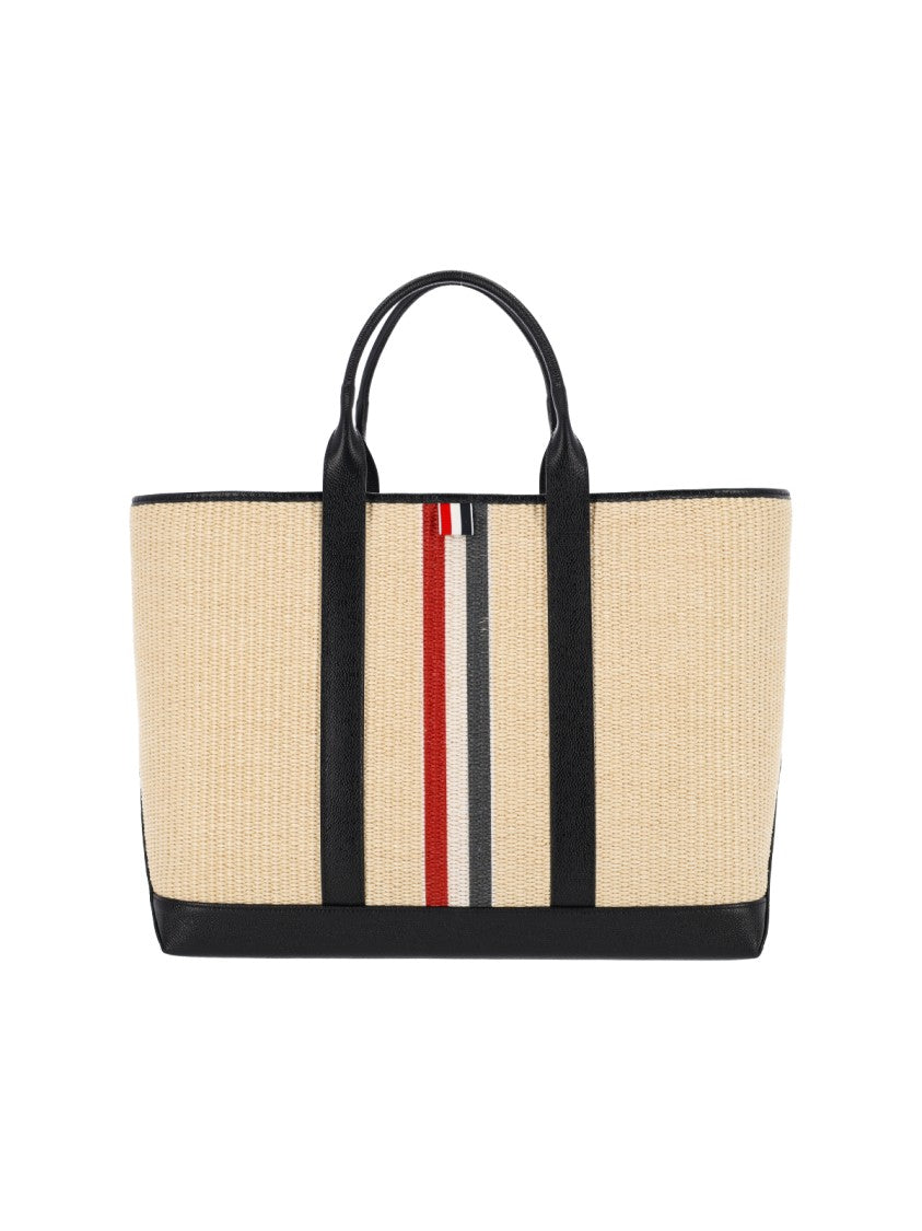 Thom Browne Rwb Beige Raffia Leather Trim Medium Tote Bag