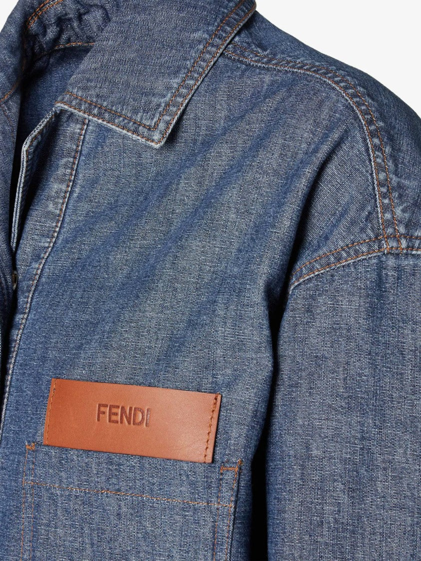 Fendi Cropped Denim Jacket With Split Hem Detail And Embossed Logo
