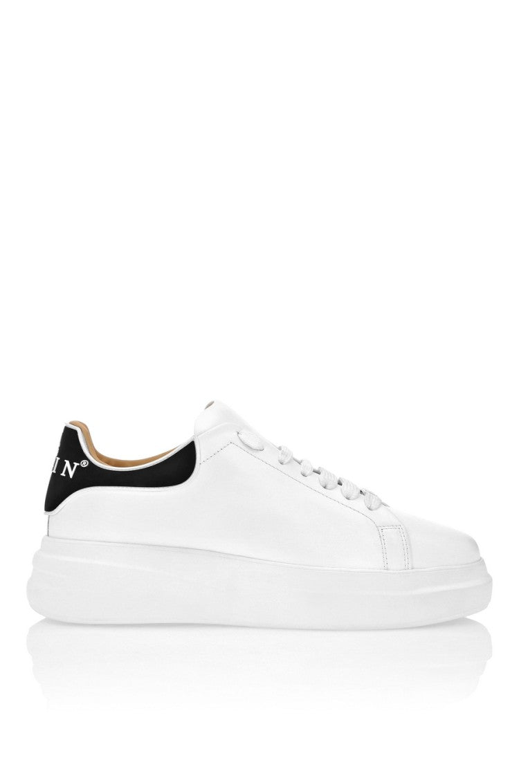 Philipp Plein White Black Contrast Heel Wordmark Logo Leather Sneakers