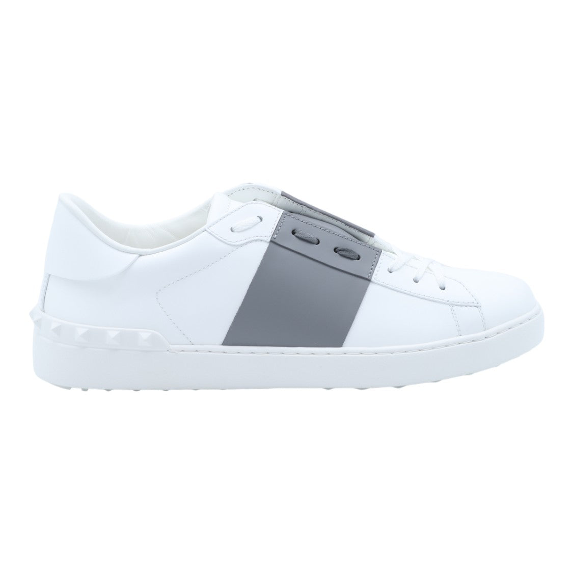 Valentino Garavani White Leather Sneakers With Grey Strap And Stud Accents