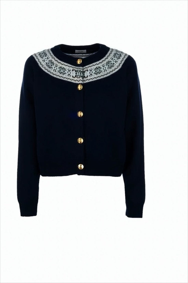 Celine Cropped Navy Cardigan With Patterned Yoke And Gold-Tone Buttons