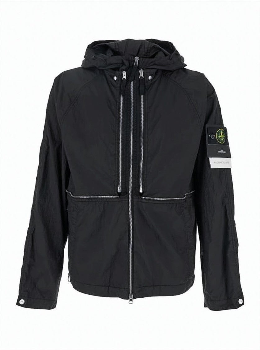 Stone Island Black Lightweight Hooded Jacket With Reflective Piping And Distinctive Patch