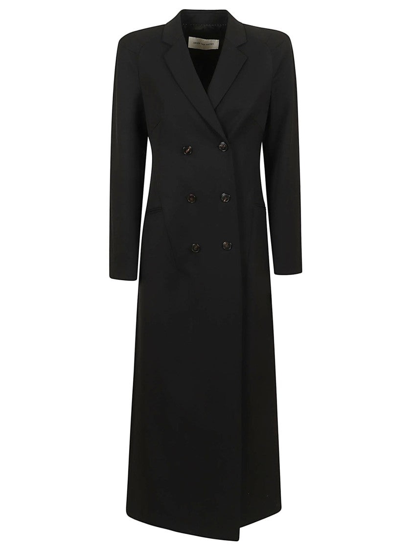 Dries Van Noten Fitted Black Double-Breasted Wool Coat With Contrasting Buttons