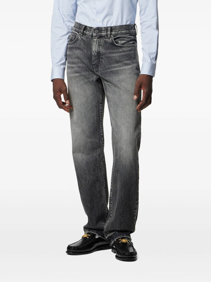 Versace Black Straight-Leg Faded Distressed Denim Jeans