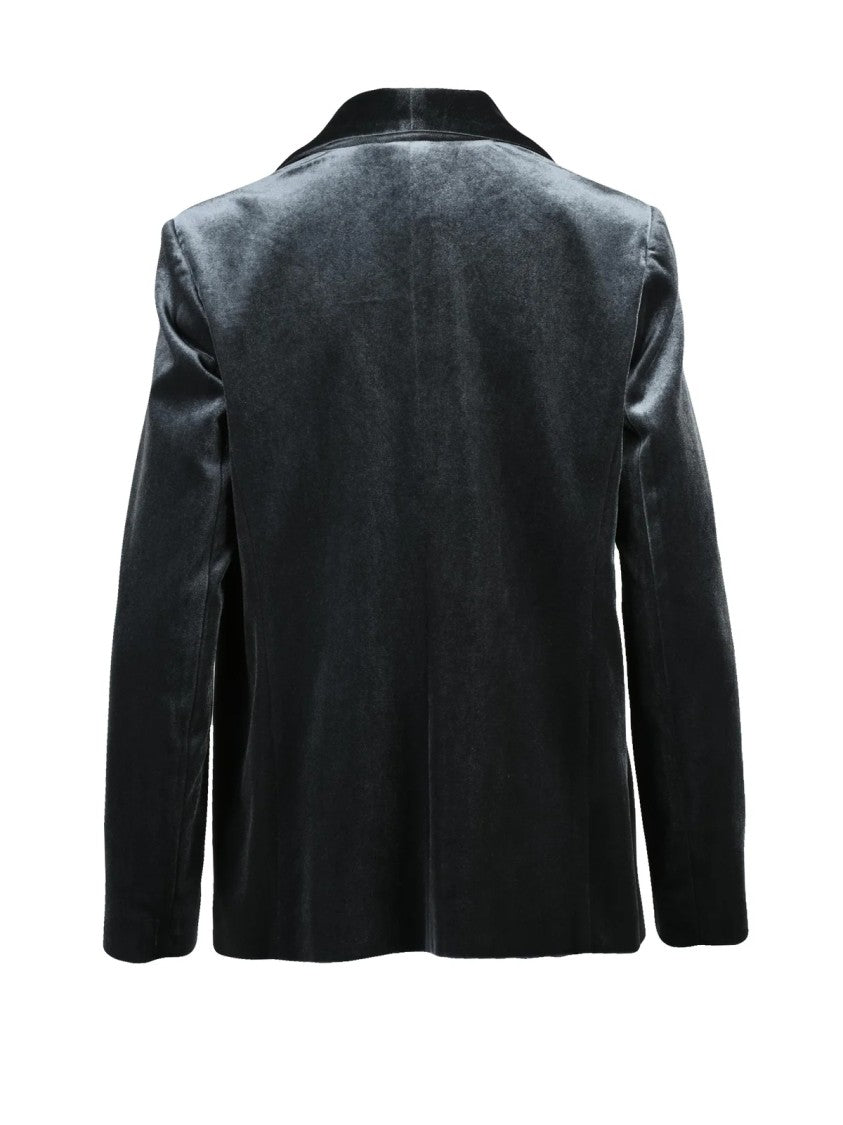 Black 961 Velvet Stretch Jacket With Open Front Design And Structured Collar
