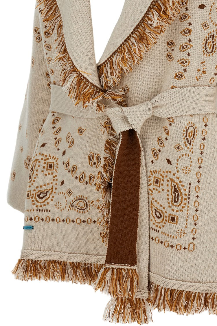 Alanui Beige Bandana Jacquard Fringed Cashmere Cardigan