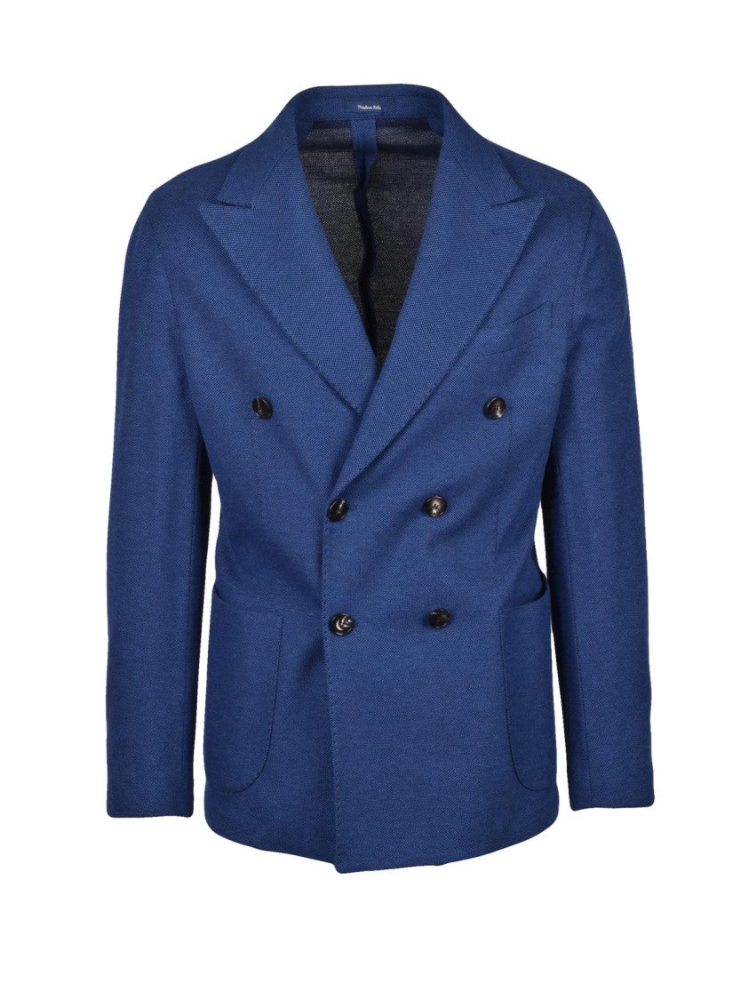 Fbte From Beginning To End Blue Structured Lapel Double-Breasted Cotton Blazer