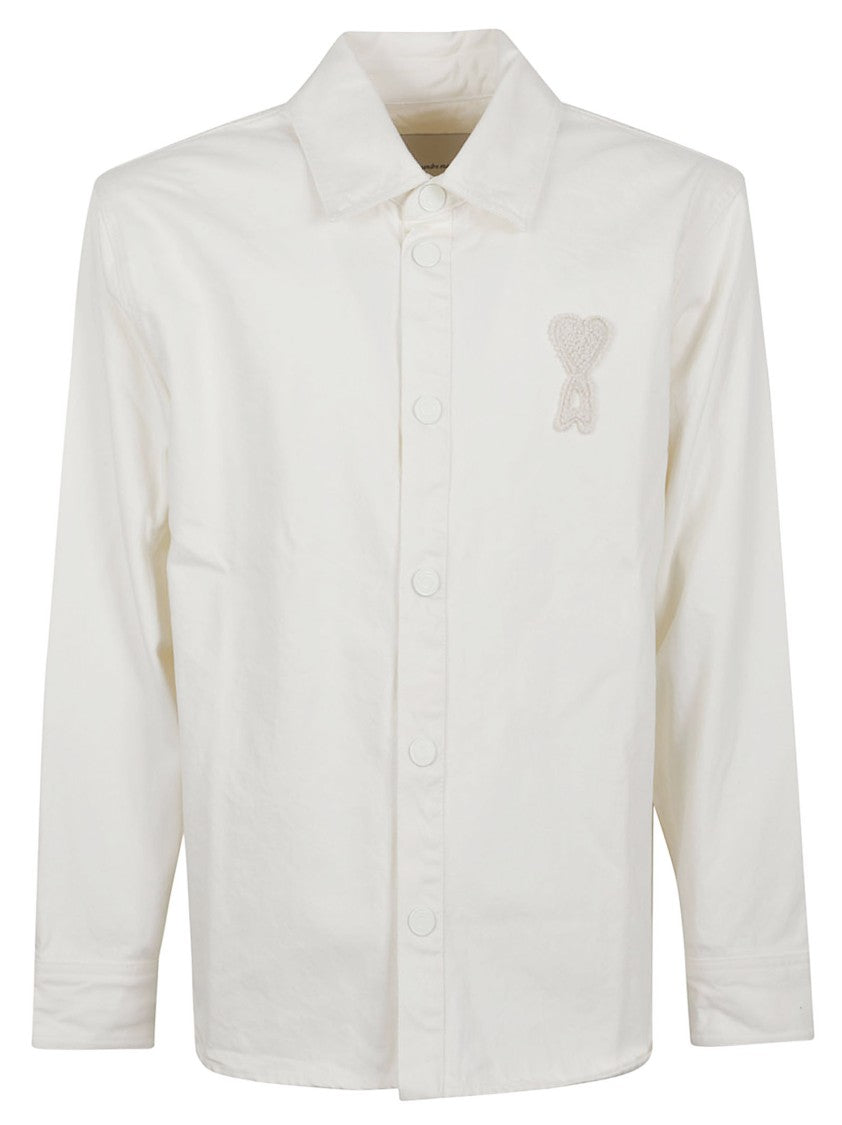 Ami Paris Heavy Cotton Denim Overshirt With Crocheted Patch