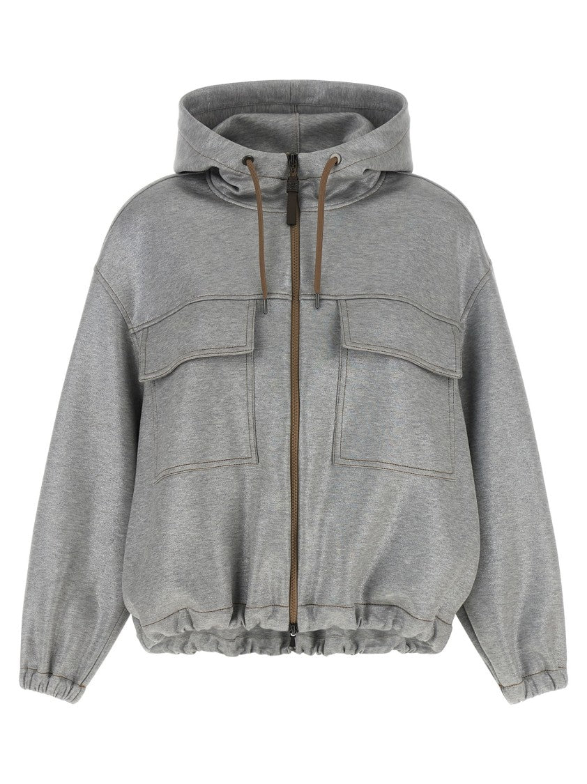 Brunello Cucinelli 'Shiny Zipper Pull' Hooded Bomber Jacket
