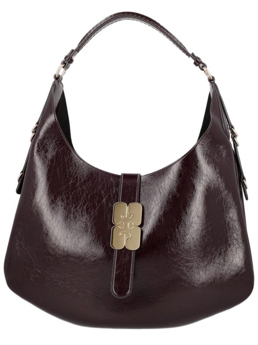 Ganni Glossy Burgundy Shoulder Bag With Decorative Clasp
