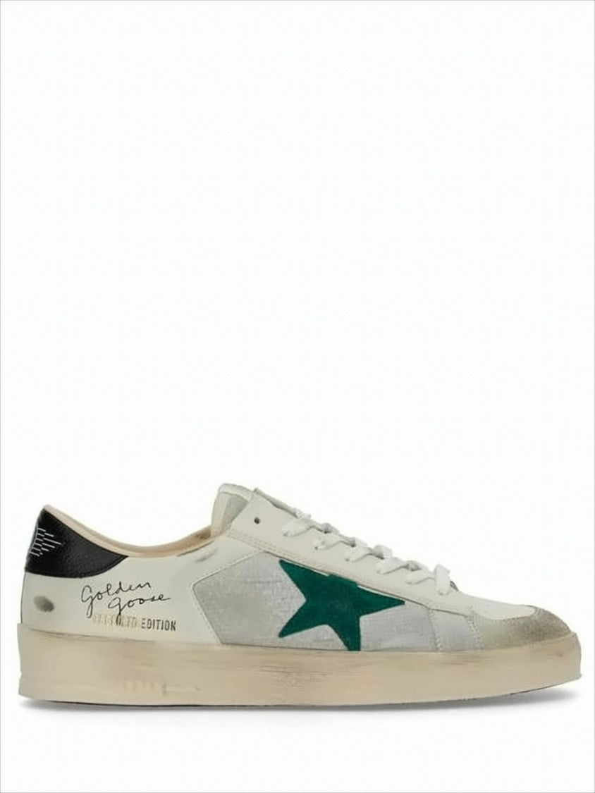 Golden Goose Worn-In White Leather And Suede Low-Top Sneakers With Green Star Detail
