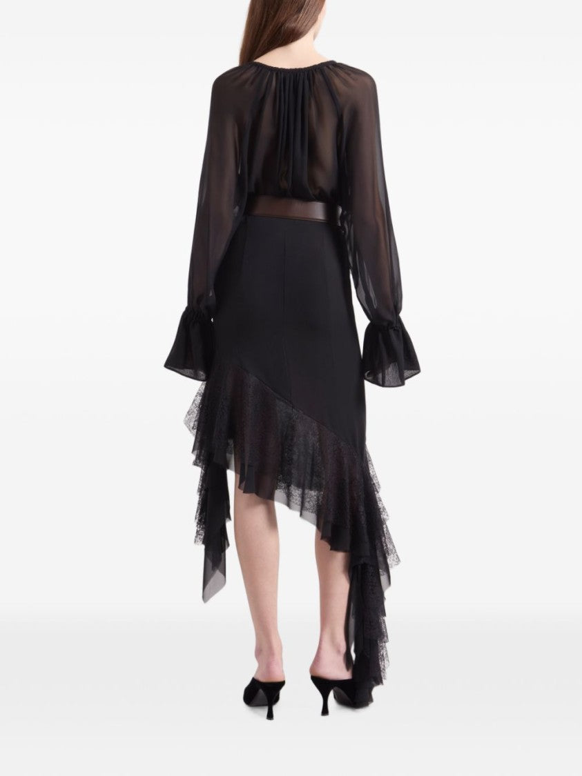 Nina Ricci Sheer Black Blouse With Voluminous Sleeves And Tie Detail