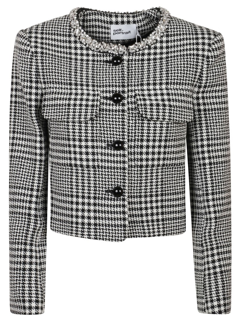 Self-Portrait Cropped Black Jacket With Check Pattern