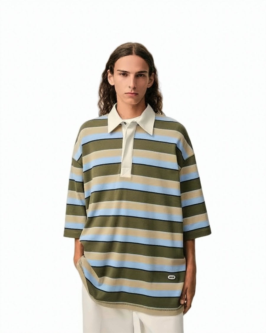Ami Paris Multicolour Horizontal Striped Cotton Logo Polo
