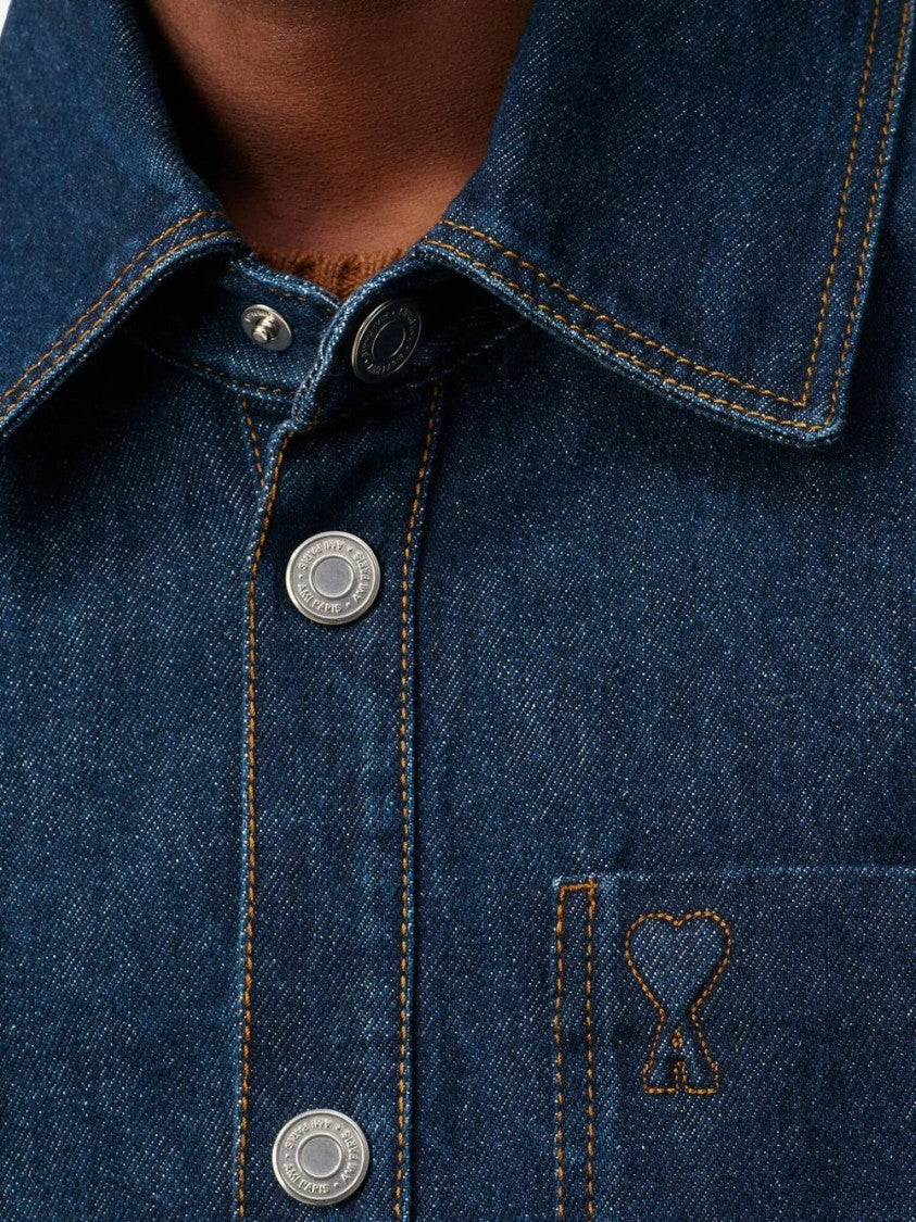 Ami Indigo Blue Cotton Jacket With Embroidered Logo And Topstitching Details
