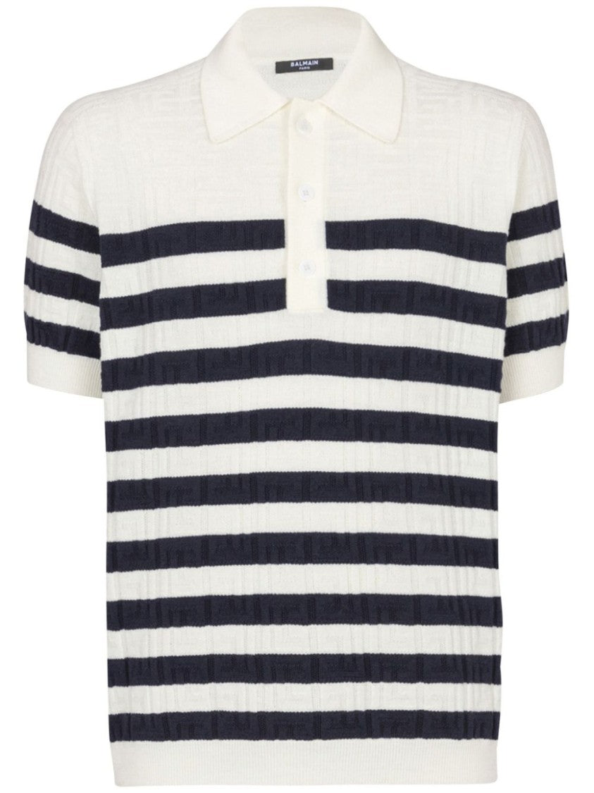 Balmain White Knitted Monogram Virgin Wool Polo Shirt