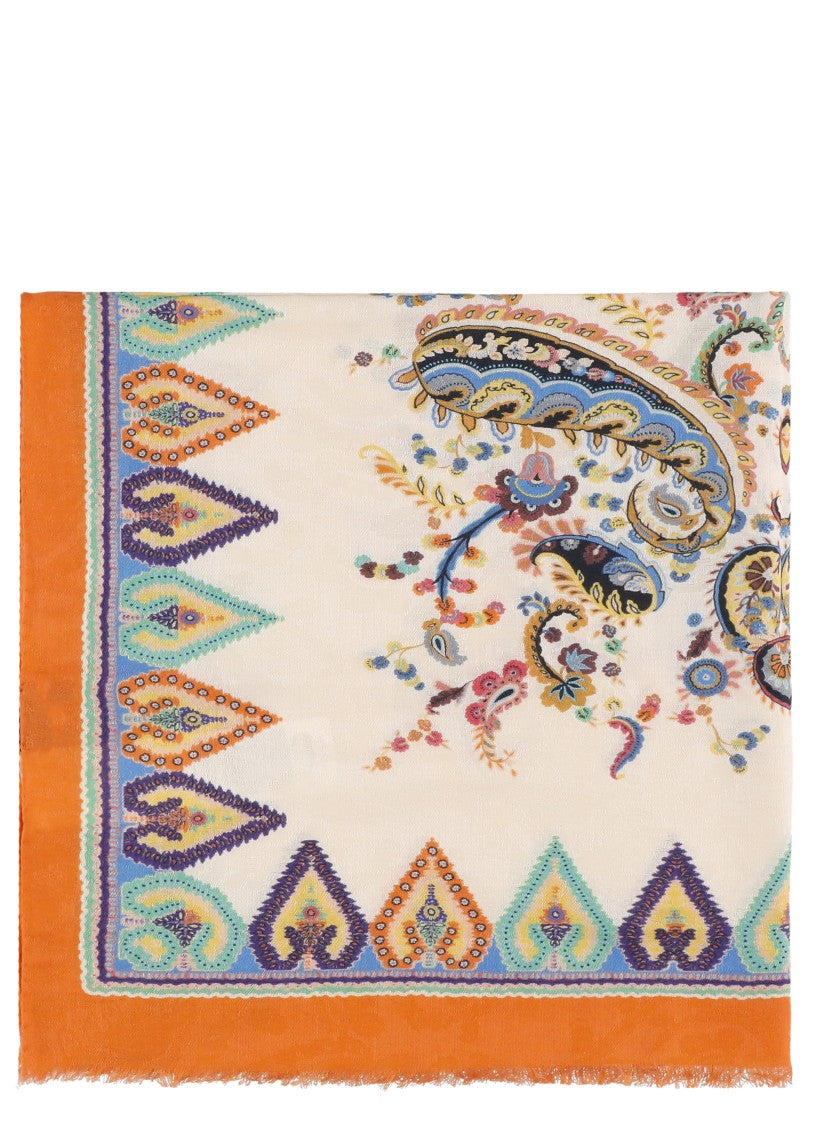 Etro Multicolor Cotton Scarf With Paisley Print And Fringed Edges