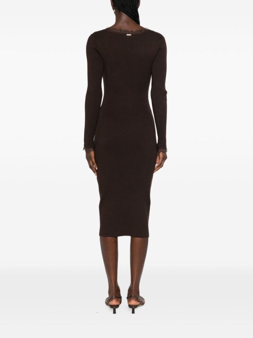 Twin-Set Fitted Lace Trim Ribbed Knit Midi Dress