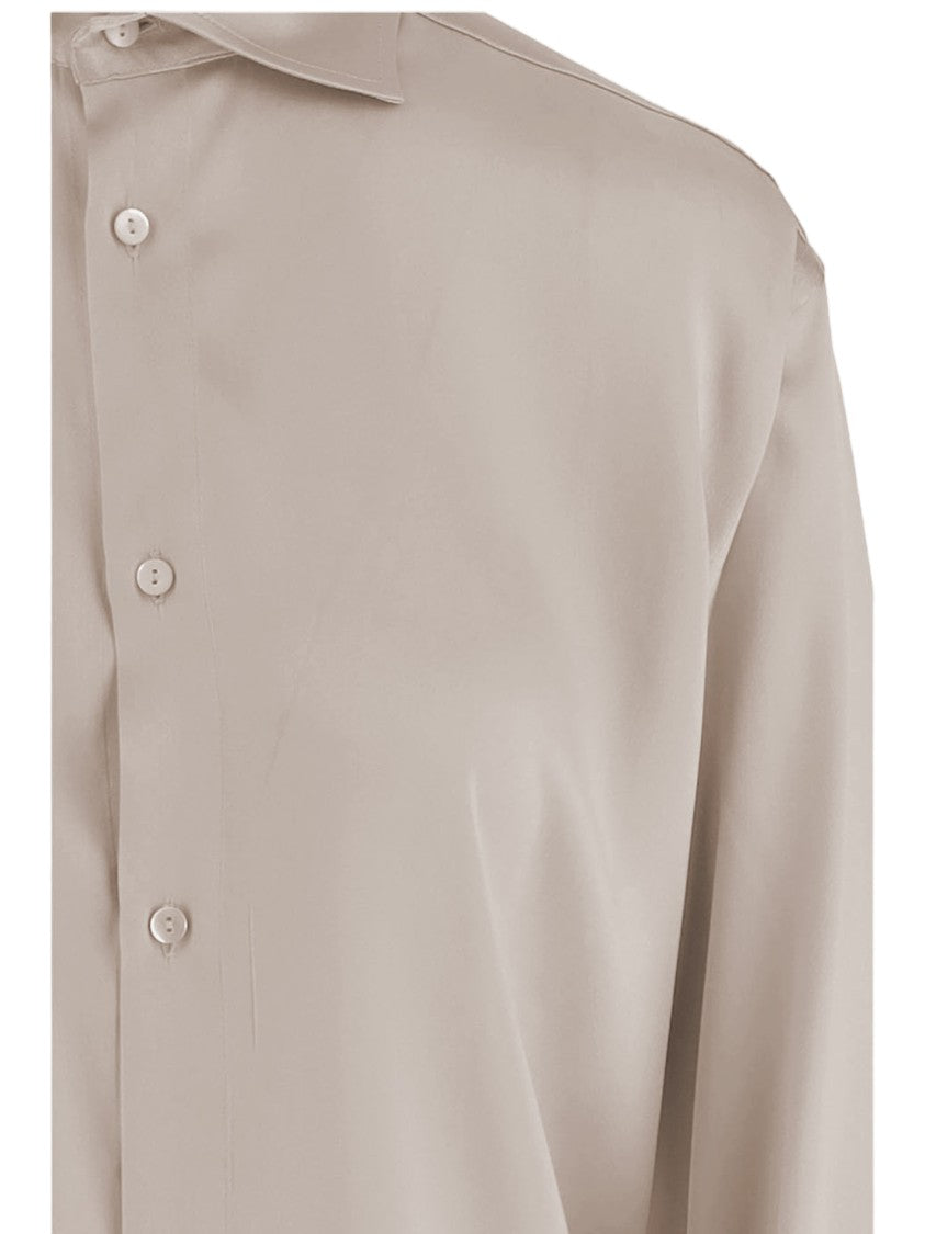 Her Shirt Beige Classic Collar Curved Hem Stretch Silk Shirt